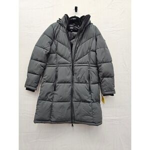 DKNY Womens Gray Chevron Quilted Puffer Coat Hooded Faux Fur Trim Parka Size M